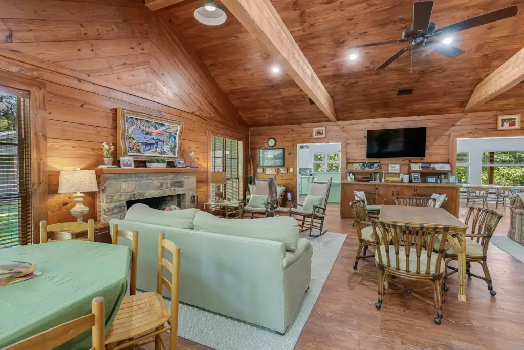 Wood-burning fireplace in the family room