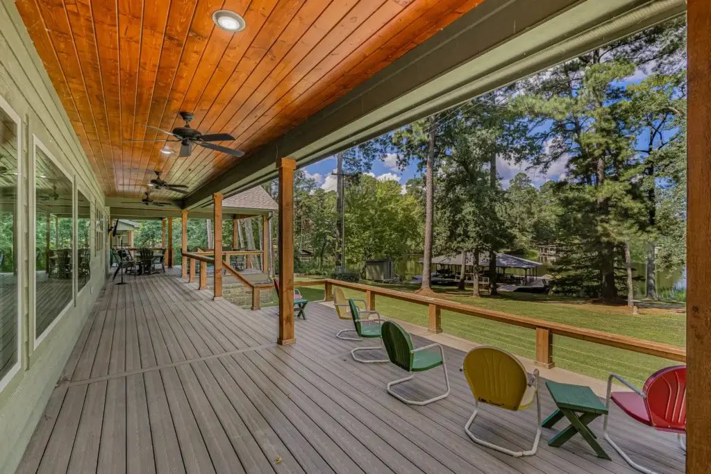 Covered porch running along the back of the house